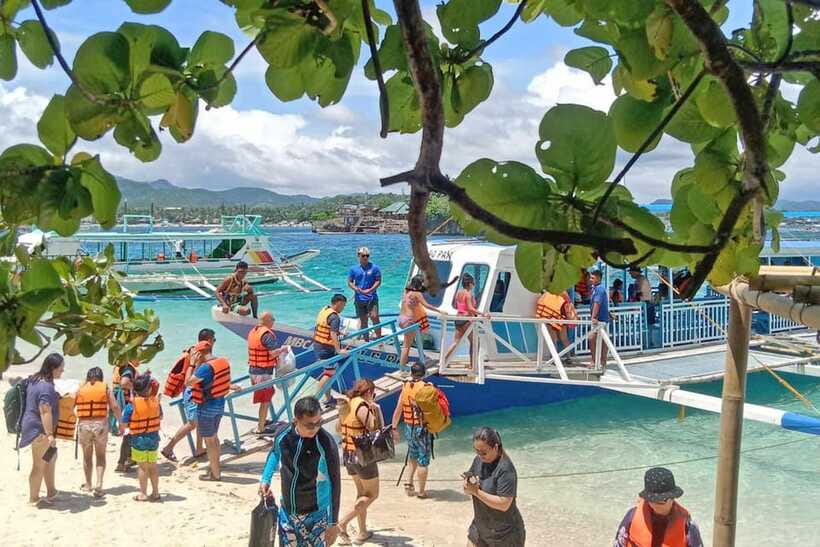 Boracay: Island Hopping with Crystal Kayak & Helmet Diving - Walking the reef in a helmet