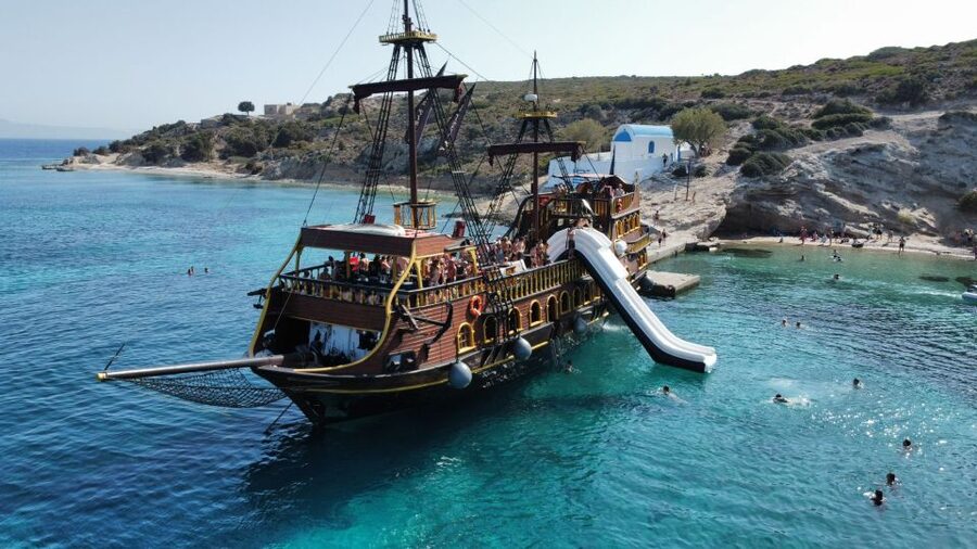 From Kos: 3-Island Pirate Cruise with Lunch and Waterslide - Plati is the payoff for swimmers and families