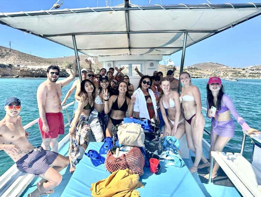 From Paros: Crab Island and Salt Lake Antiparos Boat Trip - Parikia Bay and the view back toward Paros