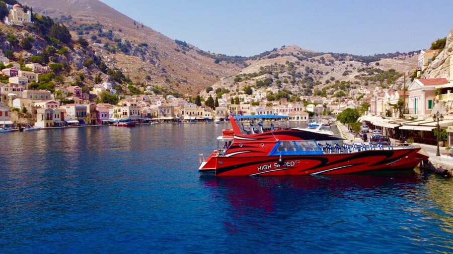 Rhodes: High-Speed Boat to Symi Island & Saint George's Bay - Leaving Mandraki Harbor on the Fast Boat