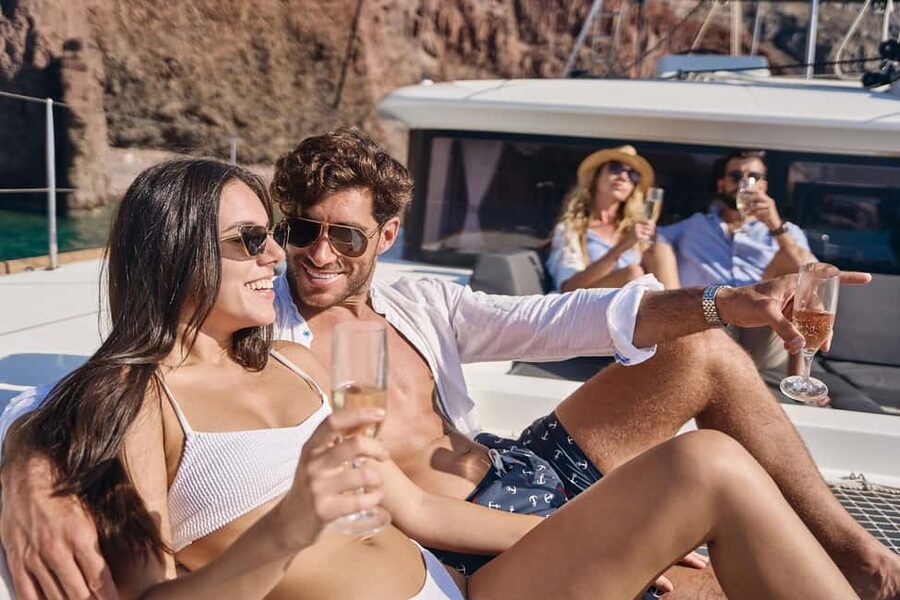 Santorini: Southern Island Luxury Catamaran Cruise with Meal - Akrotiri Lighthouse and the southern coast